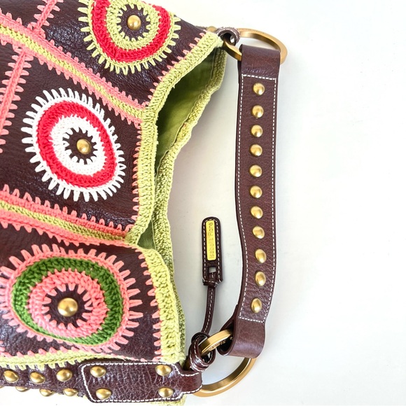 ISABELLA FIORE Multicolor Crochet Brown Leather Gold Studs Lrg Shoulder Bag Tote - Picture 10 of 13